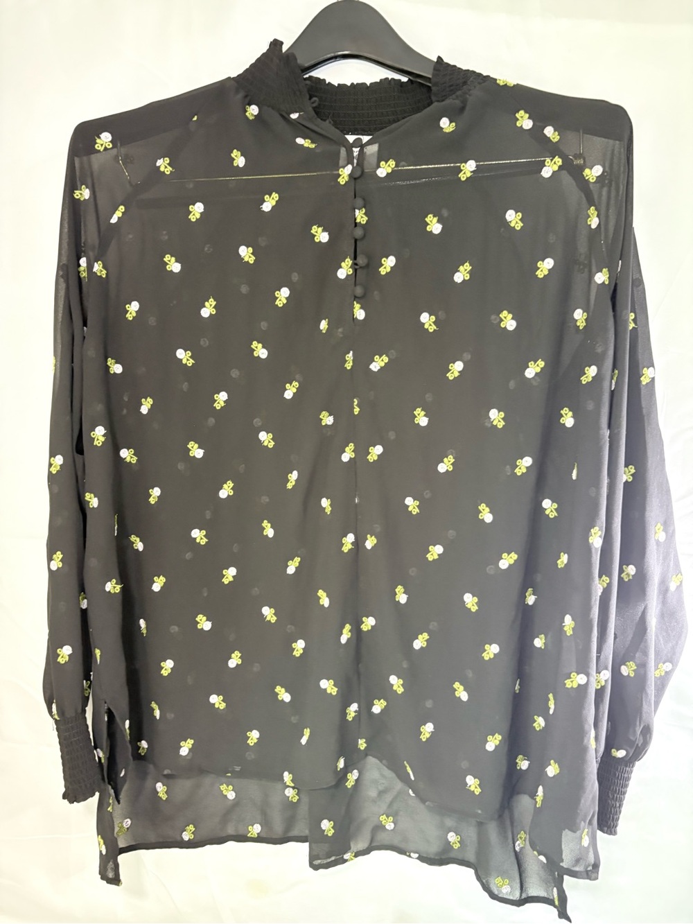 CAbi Black Sheer Blouse with Green and White Floral Embroidery
